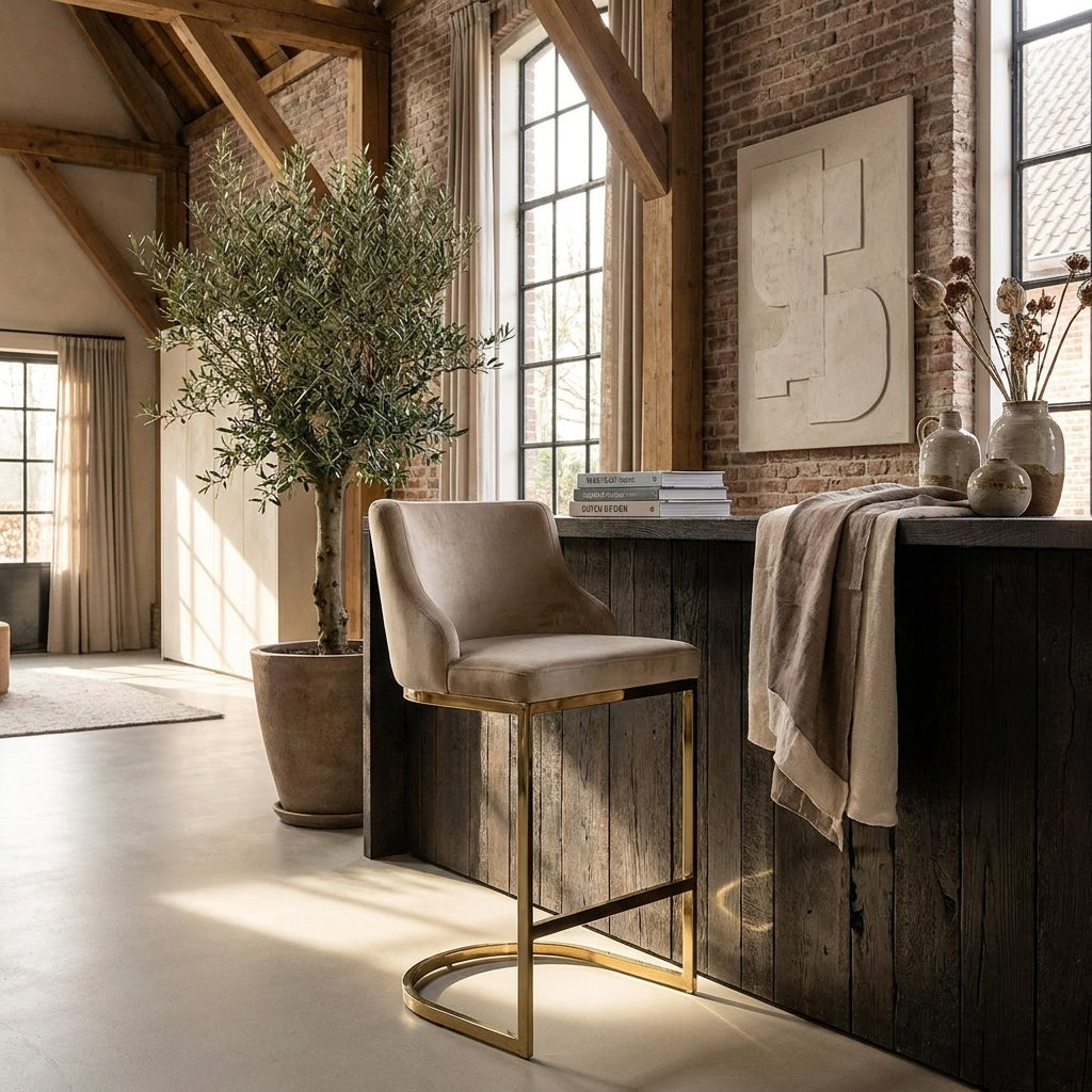 Richmond Interiors Barstoel Bolton - Khaki Velvet Goud - Brandvertragend - Set van 2