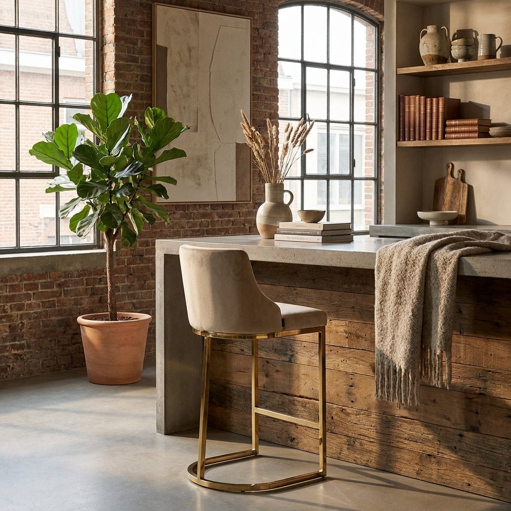 Richmond Interiors Barstoel Bolton - Khaki Velvet Goud - Brandvertragend - Set van 2