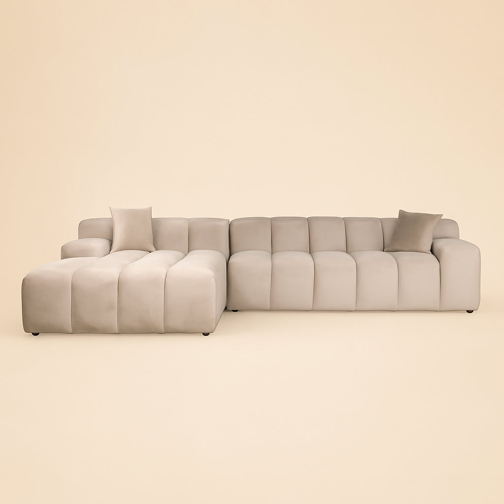 Bank Cube khaki velvet 3-seater + lounge left