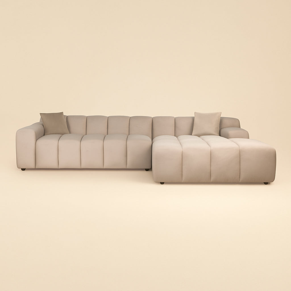 Bank Cube Khaki Velvet 3-seater + Lounge Right