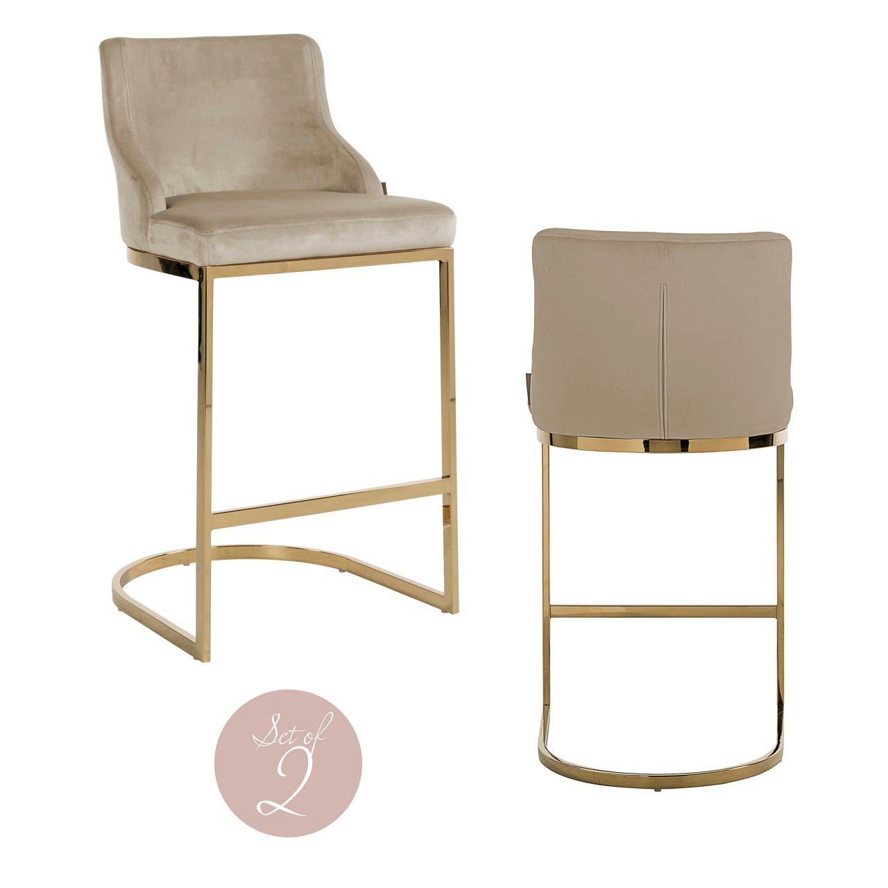 Richmond Interiors Barstoel Bolton - Khaki Velvet Goud - Brandvertragend - Set van 2